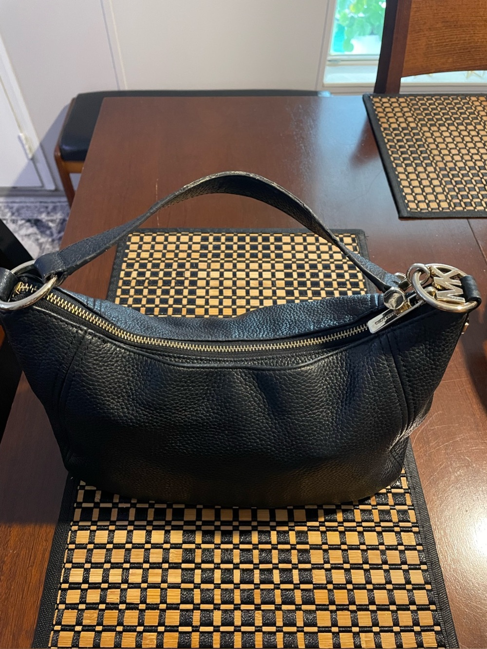 Michael Kors Black Pebbled Leather Hobo Shoulder Bag with MK Logo Charm